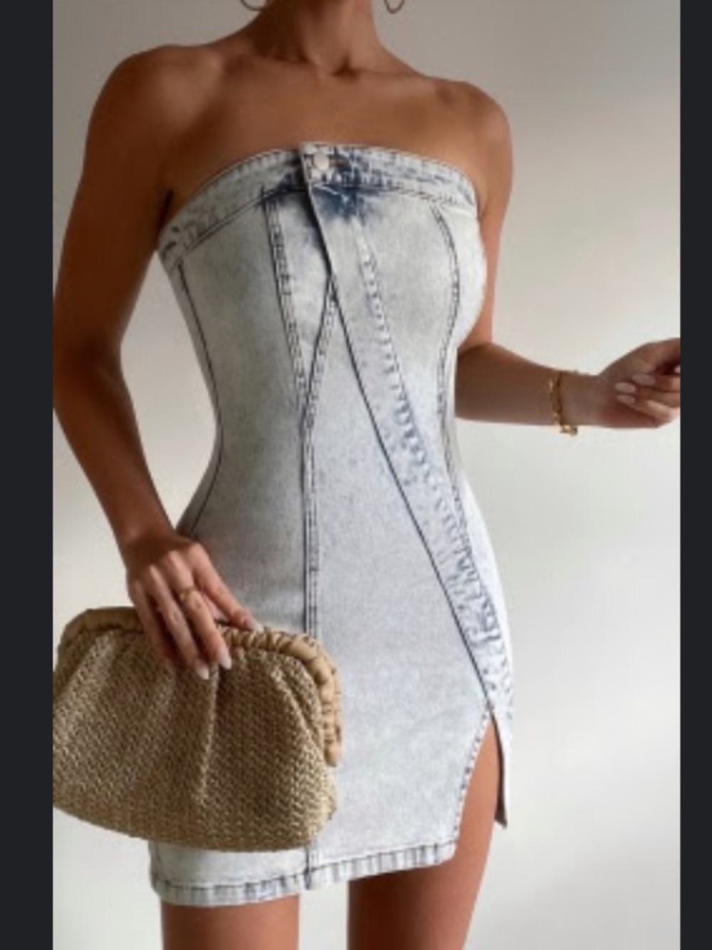 Showpo Light Blue Strapless Denim Mini Dress with Front Slit